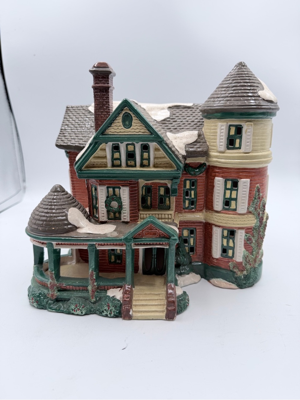 Holiday Victorian Ceramic House Figurine in Green and Red Vermont collection
